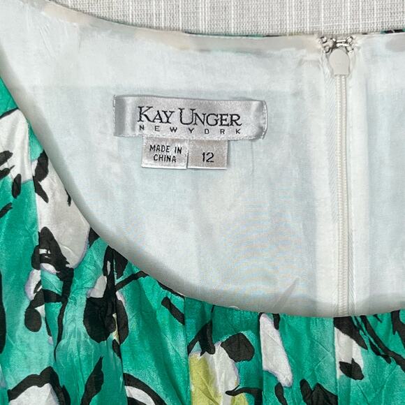 Kay Unger Dress Green Silk Cotton Blend Floral Fit Flare Scoop Neck Size 12 - Picture 6 of 13